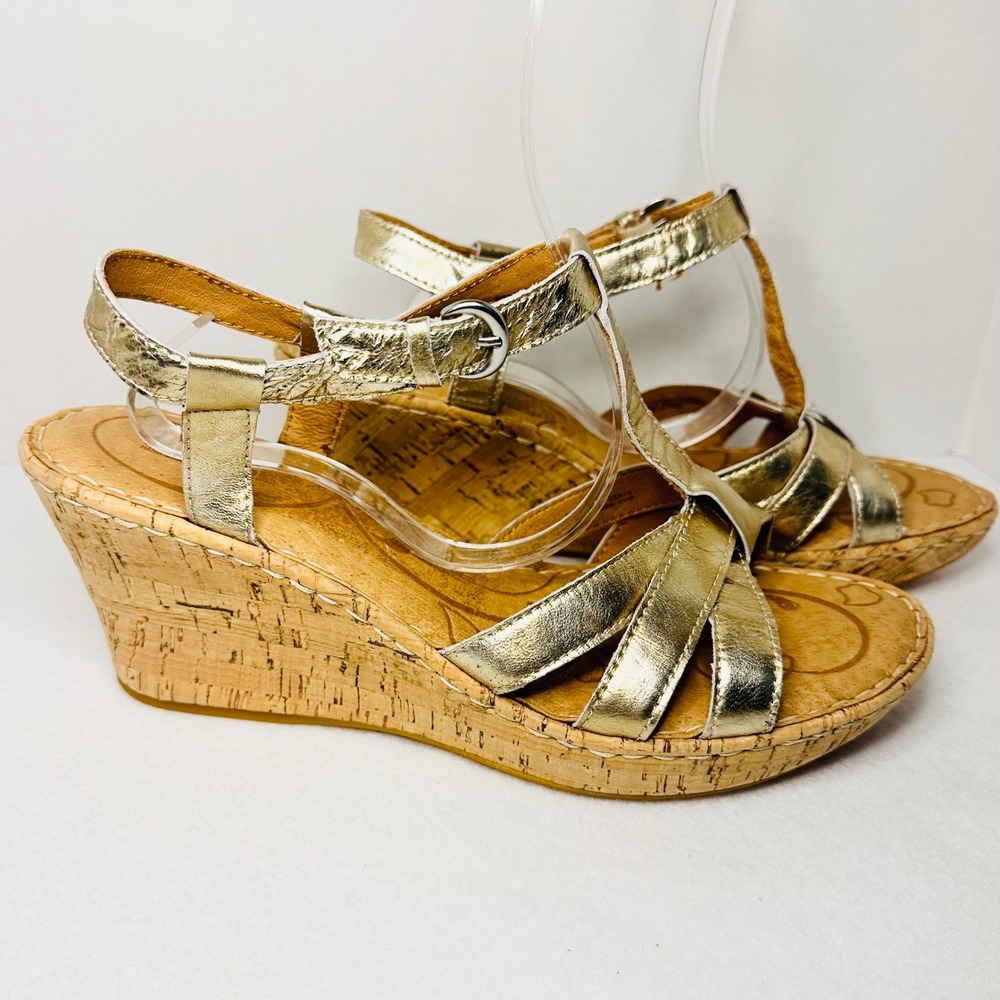 Born Gold Metallic Leather‎ Cork Wedge Sandals Women's T Strap Buckle size 11